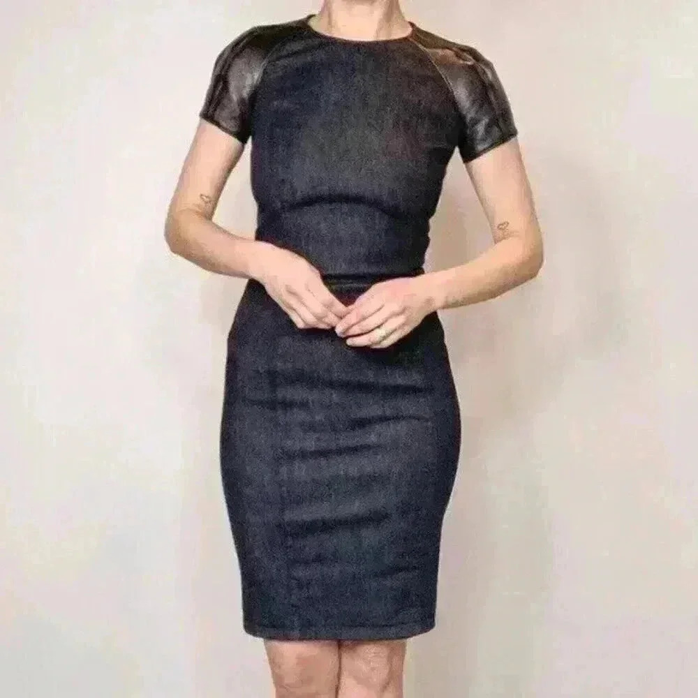 Ralph Lauren Black Label Denim Lamb Leather Sheath Dress Size 2